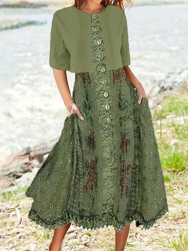 Women's Two Piece Dress Set Casual Dress Swing Dress Outdoor Daily Fashion Modern Button Pocket Midi Dress Crew Neck Short Sleeve Floral Loose Fit Pink Blue Green Summer Spring S M L XL XXL 1 Women's Two Piece Dress Set Casual Dress Swing Dress Outdoor Daily Fashion Modern Button Pocket Midi Dress Crew Neck Short Sleeve Floral Loose Fit Pink Blue Green Summer Spring S M L XL XXL