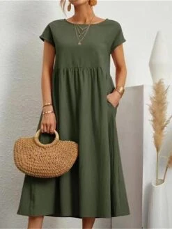 Women's Casual Dress Cotton Linen Dress Swing Dress Midi Dress Cotton Blend Basic Classic Outdoor Daily Crew Neck Pocket Short Sleeve Summer Spring 2023 Loose Fit ArmyGreen Black White Plain S M L XL -HAYz Clothing Shop zujtkx1689658150740