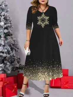 Women's Christmas Plus Size Curve Casual Dress Work Dress Swing Dress Snowman Snowflake Midi Dress Half Sleeve Pocket Print V Neck Fashion Outdoor Red Gold Fall Winter L XL XXL 3XL 4XL