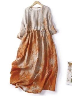 Women's Casual Dress Linen Dress Midi Dress Linen Fashion Romantic Outdoor Daily Holiday Crew Neck Pocket Print 3/4 Length Sleeve Fall Winter Autumn 2023 Loose Fit Blue Orange Painting Flower M L XL -HAYz Clothing Shop zuxhgu1694418651918