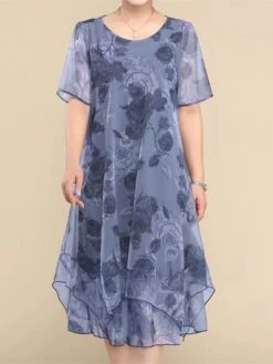 Women's Plus Size Party Dress Cocktail Dress Wedding Guest Dress Midi Dress Wine Blue Short Sleeve Floral Mesh Summer Spring Fall Crew Neck Fashion Wedding Guest Vacation Summer Dress 2023 L XL XXL -HAYz Clothing Shop zuyyhm1690176958078