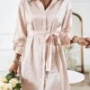Women's Shirt Dress Midi Dress Outdoor Date Vacation Satin Fashion Elegant Shirt Collar Lace Up Button Long Sleeve Spring Fall Winter 2023 Loose Fit Black Wine Brown Pure Color S M L XL