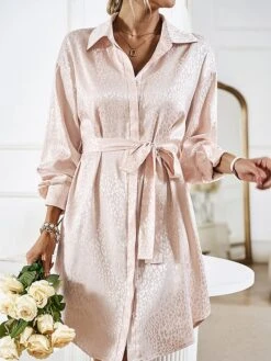 Women's Shirt Dress Midi Dress Outdoor Date Vacation Satin Fashion Elegant Shirt Collar Lace Up Button Long Sleeve Spring Fall Winter 2023 Loose Fit Black Wine Brown Pure Color S M L XL