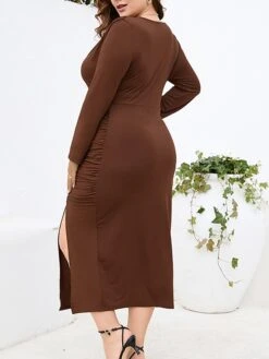 Women‘s Plus Size Curve Work Dress Sheath Dress Semi Formal Dress Fashion Midi Dress Ruched Split V Neck Long Sleeve Plain Regular Fit Black Wine Purple Fall Winter L XL XXL 3XL 4XL -HAYz Clothing Shop zvmbbd1691401360344