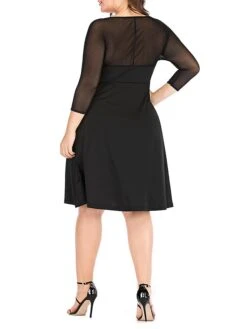 Women‘s Plus Size Curve Work Dress Black Dress Semi Formal Dress Fashion Midi Dress Mesh V Neck 3/4 Length Sleeve Plain Loose Fit Black Spring Fall XL XXL 3XL 4XL 5XL -HAYz Clothing Shop zvokoa1691402310734