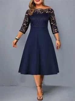Women‘s Plus Size Curve Party Dress Solid Color Off Shoulder Lace Half Sleeve Summer Spring Elegant Formal Midi Dress Party Cocktail Party Dress