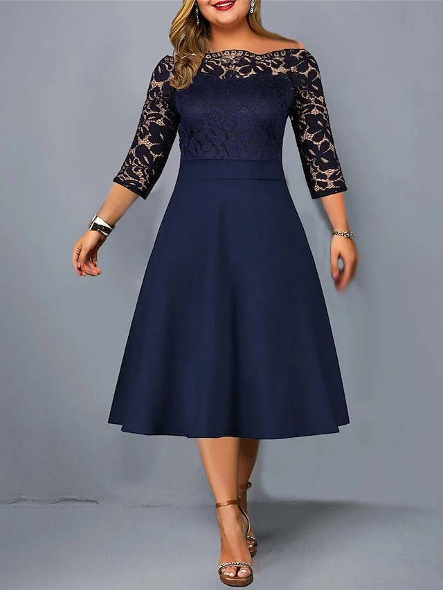 Women‘s Plus Size Curve Party Dress Solid Color Off Shoulder Lace Half Sleeve Summer Spring Elegant Formal Midi Dress Party Cocktail Party Dress 1 Women‘s Plus Size Curve Party Dress Solid Color Off Shoulder Lace Half Sleeve Summer Spring Elegant Formal Midi Dress Party Cocktail Party Dress