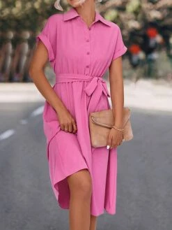 Women's Shirt Dress Casual Dress Midi Dress Outdoor Daily Date Polyester Casual Classic Shirt Collar Lace Up Ruched Short Sleeve Summer Spring 2023 Loose Fit Black Blue Rose Red Plain S M L XL -HAYz Clothing Shop zwmvgh1677739302175