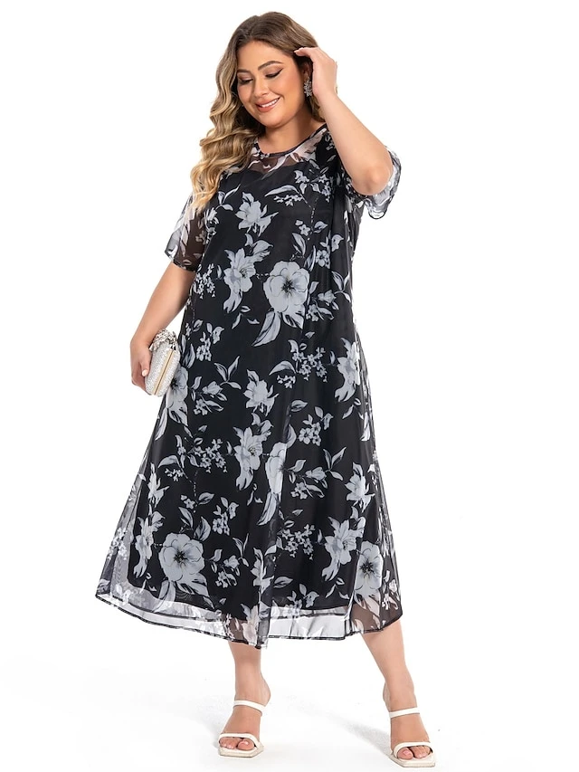 Women‘s Plus Size Curve Casual Dress Lace Dress Dress Set Floral Midi Dress 3/4 Length Sleeve Print Crew Neck Fashion Office Black Summer Spring L XL XXL 3XL 4XL 2 Women‘s Plus Size Curve Casual Dress Lace Dress Dress Set Floral Midi Dress 3/4 Length Sleeve Print Crew Neck Fashion Office Black Summer Spring L XL XXL 3XL 4XL - Image 2