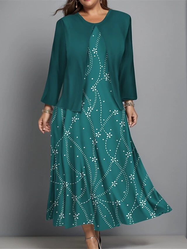 Women's Plus Size Two Piece Dress Set Casual Dress Swing Dress Outdoor Office Fashion Streetwear Print Midi Dress Crew Neck Long Sleeve Floral Regular Fit Red Navy Blue Blue Fall Winter L XL XXL 3XL 3 Women's Plus Size Two Piece Dress Set Casual Dress Swing Dress Outdoor Office Fashion Streetwear Print Midi Dress Crew Neck Long Sleeve Floral Regular Fit Red Navy Blue Blue Fall Winter L XL XXL 3XL - Image 3