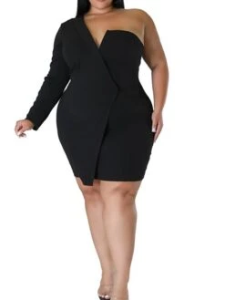 Women‘s Plus Size Curve Party Dress Solid Color One Shoulder Long Sleeve Fall Winter Formal Knee Length Dress Party Date Dress -HAYz Clothing Shop zwvarp1658995288061