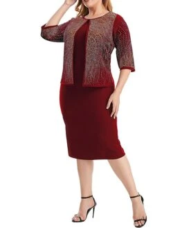 Women's Plus Size Curve Party Dress Cocktail Dress Sheath Dress Solid Color Midi Dress 3/4 Length Sleeve Patchwork Fake Two Piece Crew Neck Fashion Party Black Wine Fall Winter XL XXL 3XL 4XL 5XL -HAYz Clothing Shop zwxwug1695362726702