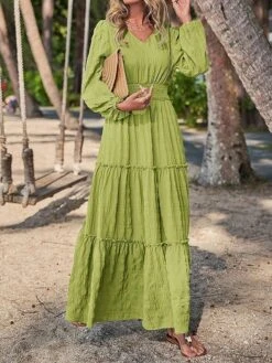 Women's Casual Dress Cotton Linen Dress Swing Dress Midi Dress Polyester Fashion Modern Outdoor Daily Vacation V Neck Ruched Ruffle Long Sleeve Summer Spring Fall 2023 Loose Fit Black Yellow Blue -HAYz Clothing Shop zxcfyq1691040691448