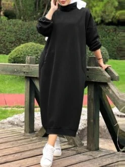 Women‘s Plus Size Curve Sweatshirt Dress Solid Color Stand Collar Long Sleeve Winter Fall Casual Classic Maxi Long Dress Daily Vacation Dress