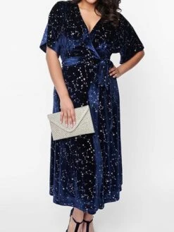 Women's Plus Size Curve Casual Dress Velvet Dress Wrap Dress Star Midi Dress Short Sleeve Lace Up Print V Neck Fashion Outdoor Navy Blue Fall Winter L XL 2XL 3XL 4XL -HAYz Clothing Shop zyajkj1697165011590