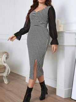 Women‘s Plus Size Curve Party Dress Cocktail Dress Bodycon Midi Dress Black Long Sleeve Print Mesh Spring Fall Winter V Neck Fashion Winter Dress Birthday Wedding Guest 2023 XL XXL 3XL 4XL -HAYz Clothing Shop zyajls1692165912074