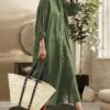 Women's Shirt Dress Casual Dress Cotton Linen Dress Maxi Long Dress Linen / Cotton Blend Basic Classic Outdoor Daily Vacation Crew Neck Button Long Sleeve Spring Fall Winter 2023 Loose Fit ArmyGreen
