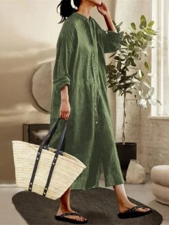 Women's Shirt Dress Casual Dress Cotton Linen Dress Maxi Long Dress Linen / Cotton Blend Basic Classic Outdoor Daily Vacation Crew Neck Button Long Sleeve Spring Fall Winter 2023 Loose Fit ArmyGreen