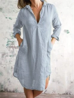 Women's Casual Dress Cotton Linen Dress Midi Dress Linen / Cotton Blend Fashion Basic Outdoor Daily Vacation Split Neck Pocket Split Long Sleeve Fall Winter Autumn 2023 Loose Fit Light Blue Plain S M