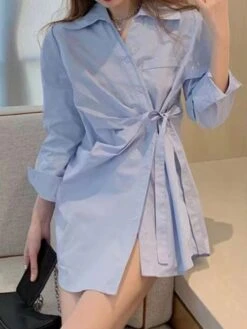 Women's Shirt Dress Casual Dress Mini Dress Outdoor Daily Vacation Polyester Fashion Modern Shirt Collar Lace Up Button Long Sleeve Spring Fall Winter 2023 Loose Fit Sky Blue Plain S M L XL 2XL -HAYz Clothing Shop zyxvcw1695027662143