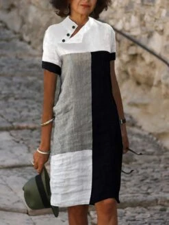Women's Casual Dress Cotton Linen Dress Shift Dress Midi Dress Cotton Blend Modern Casual Daily Vacation V Neck Patchwork Button Short Sleeve Summer Spring 2023 Regular Fit White Color Block S M L XL