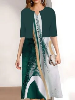 Women's Two Piece Dress Set Casual Dress Print Dress Outdoor Daily Fashion Elegant Print Midi Dress V Neck Half Sleeve Geometric Color Block Regular Fit Black Pink Blue Summer Spring S M L XL XXL -HAYz Clothing Shop zzebzp1689670543680