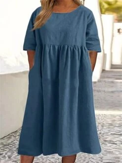 Women‘s Plus Size Curve Casual Dress Solid Color Midi Dress Half Sleeve Ruched Pocket Crew Neck Fashion Outdoor Green Black Summer Spring L XL XXL 3XL 4XL -HAYz Clothing Shop zzjqvb1678867643373