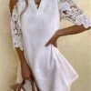 Women's Casual Dress Cotton Dress White Dress Mini Dress Cotton Fashion Modern Outdoor Daily Holiday Split Neck Lace Cold Shoulder Half Sleeve Summer Spring 2023 Loose Fit White Plain S M L XL 2XL