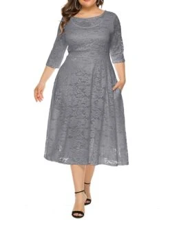 Women's Plus Size Curve Party Dress Lace Dress Semi Formal Dress Solid Color Midi Dress 3/4 Length Sleeve Lace Patchwork Crew Neck Fashion Wedding Light Yellow Black Spring Fall XL XXL 3XL 4XL 5XL -HAYz Clothing Shop zzkpsq1693533329584