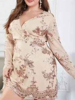 Women's Plus Size Curve Party Dress Sequin Dress Bodycon Floral Mini Dress Long Sleeve Mesh V Neck Fashion Party Black White Fall Winter XL XXL 3XL 4XL -HAYz Clothing Shop zzlyuq1693804853794