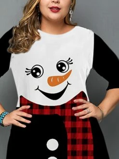 Women‘s Christmas Plus Size Work Dress Snowman Crew Neck 3/4 Length Sleeve Fall Winter Work Elegant Knee Length Dress Going Out Dress -HAYz Clothing Shop zzmign1664359489538