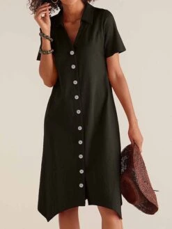Women's Shirt Dress Casual Dress Cotton Linen Dress Midi Dress Polyester Classic Casual Outdoor Daily Vacation Split Neck Button Short Sleeve Summer Spring 2023 Loose Fit Black Blue Plain S M L XL 2XL